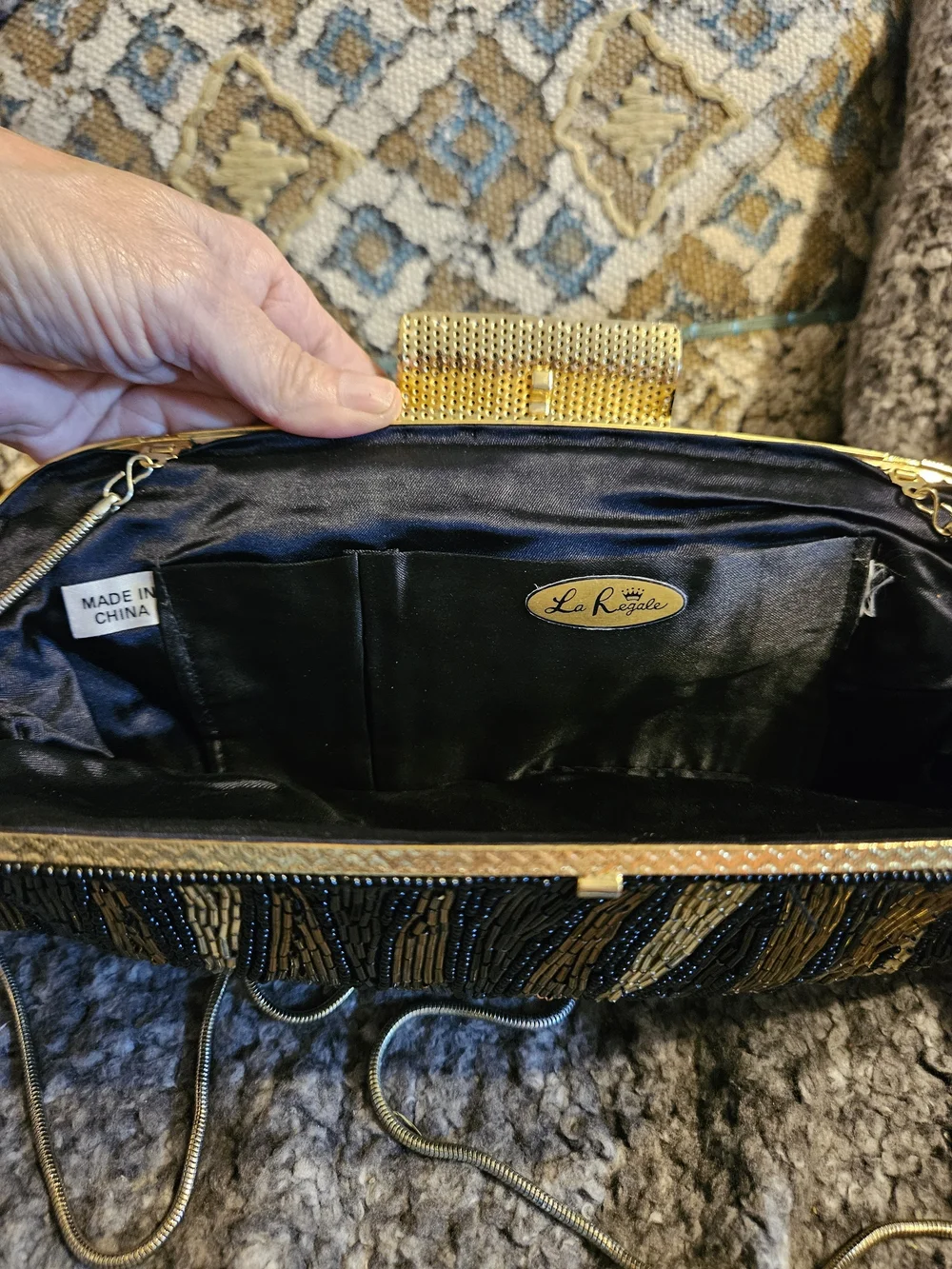 La Regale Vintage Evening  Clutch Black, Gold, & Bronze, Chain Strap 1970'- 80's